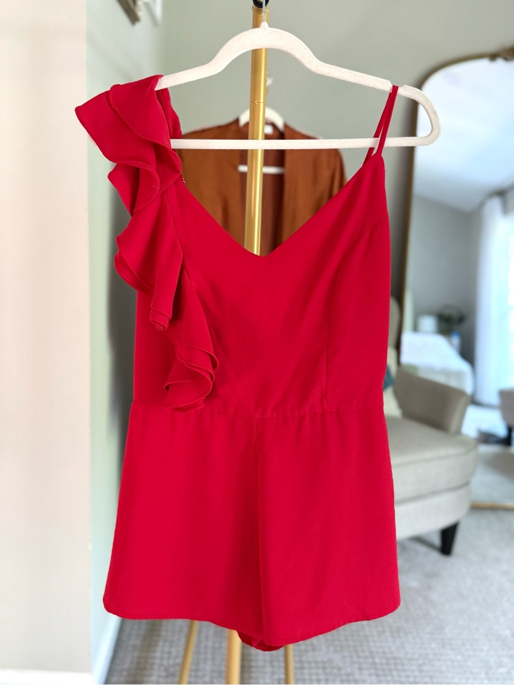 Luxxel X Revolve Red Ruffle One-Shoulder Romper - Size Large
